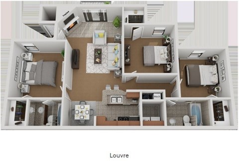 A 3D floor plan of a house layout.
